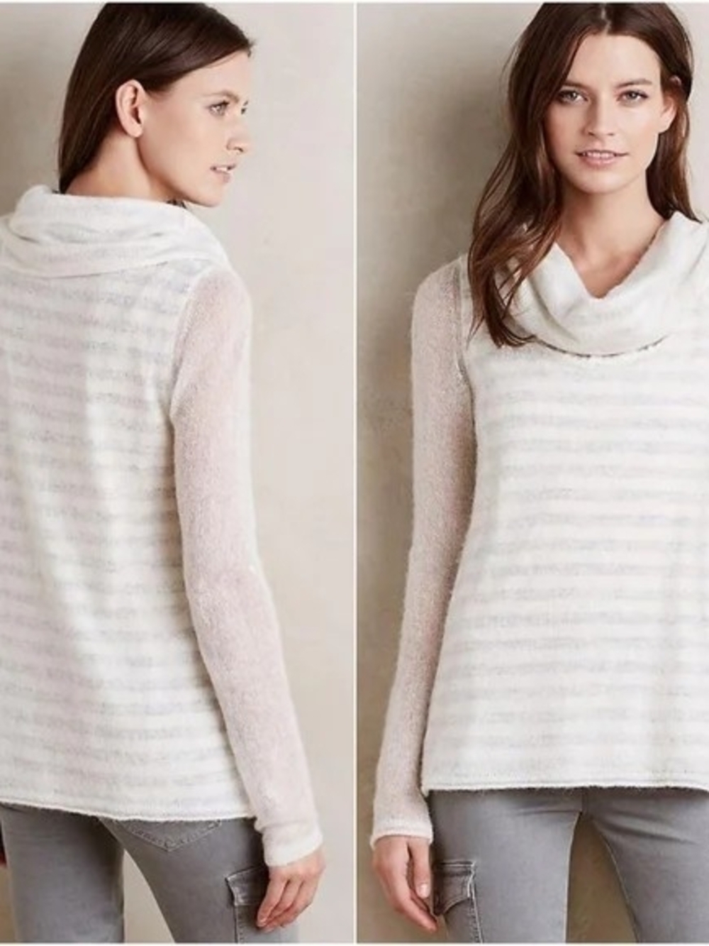 Anthropologie Moth Alpaca Wool Cream & White Striped Cowl Neck Sweater